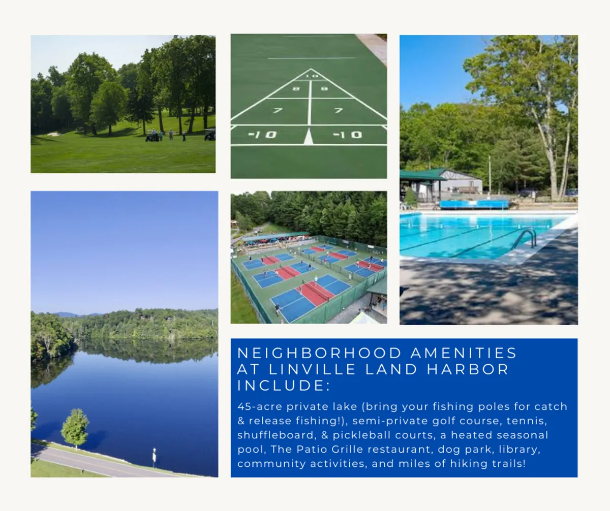 This vibrant exterior image showcases the 45-acre private Land Harbor Lake at sunset, with people enjoying fishing on the lakeshore. Visible resort amenities include the swimming pool, tennis courts, and golf course, surrounded by lush greenery and families gathered for activities. The communal mood hints at the range of outdoor recreation for all ages.
