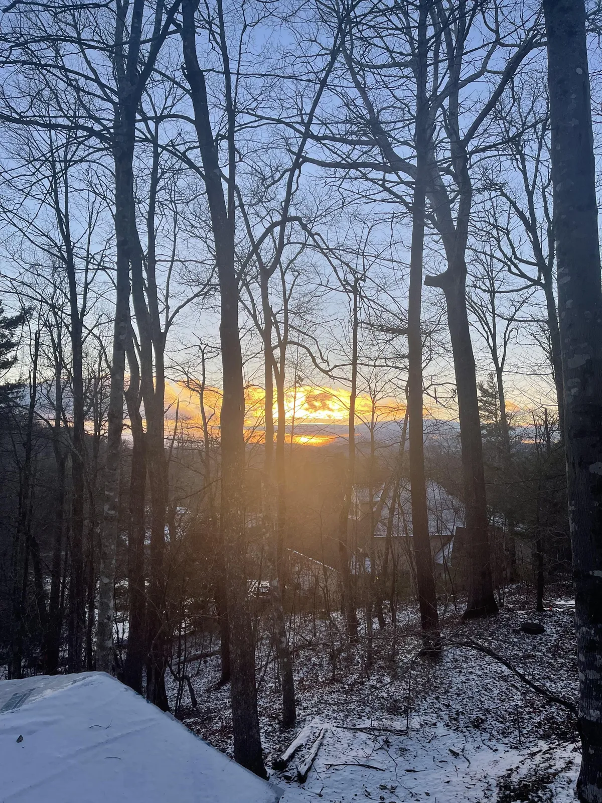 A serene sunset view with snow-covered ground and tall trees, evoking the tranquility of nature in winter. The peaceful scene suggests opportunities for nature walks, photography, and unwinding in a beautiful mountain setting year-round.